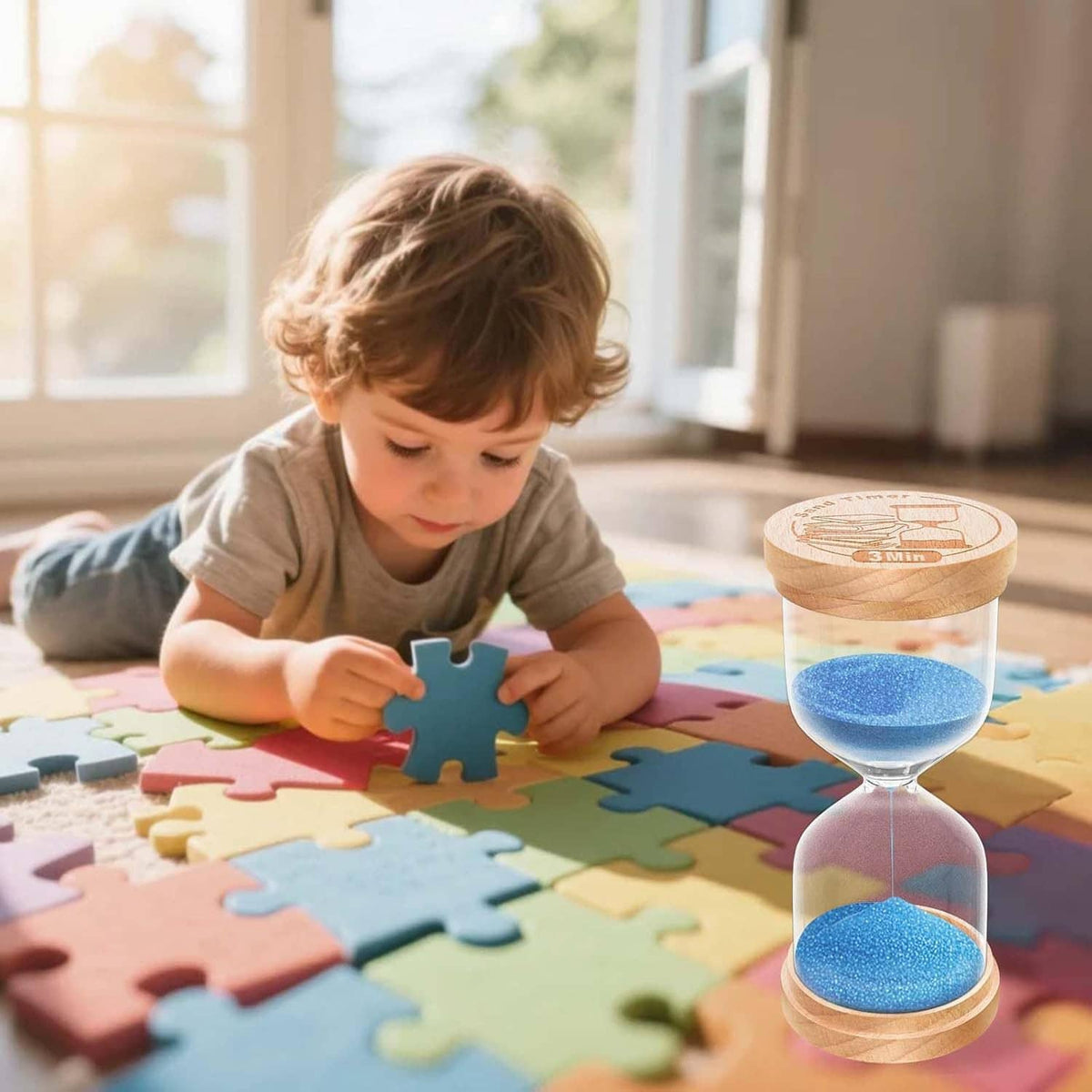 Wooden hourglass sand timer with blue sand next to a colorful puzzle board