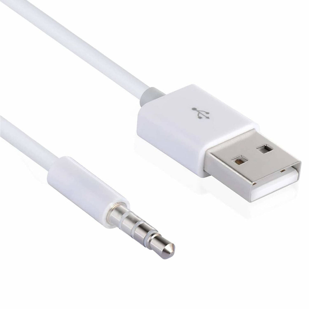 White USB-A to 3.5mm male audio charging cable with molded connectors