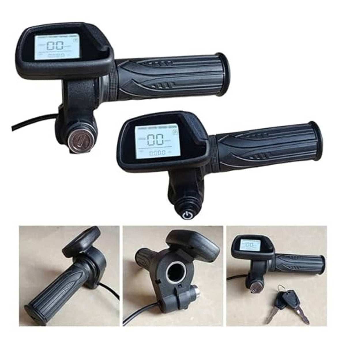 Electric bike handlebar throttle with LCD display, black grips, and multi-view mounting