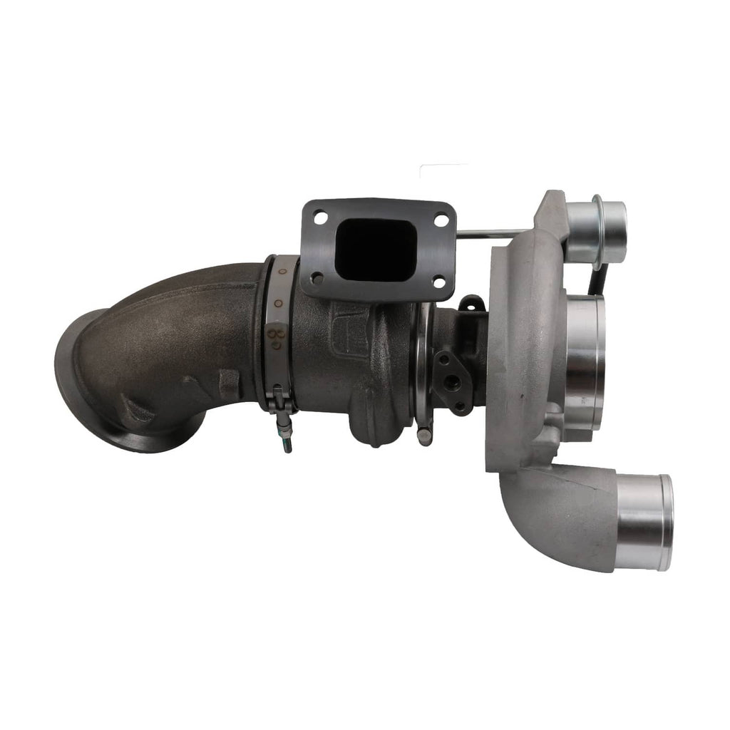Turbocharger with exhaust manifold flange and round intake outlet, hoses connected
