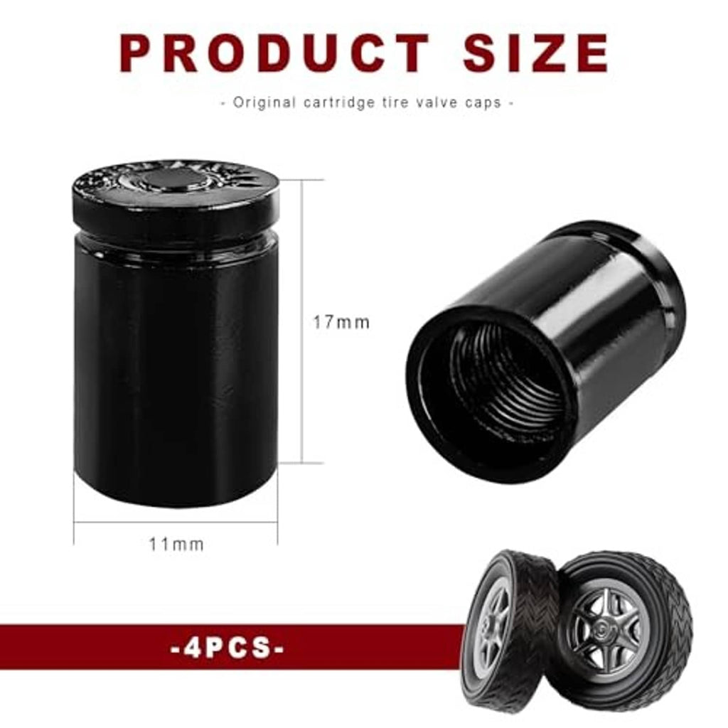 4-pack black bullet tire valve stem caps with threaded insert and top air-valve opening.