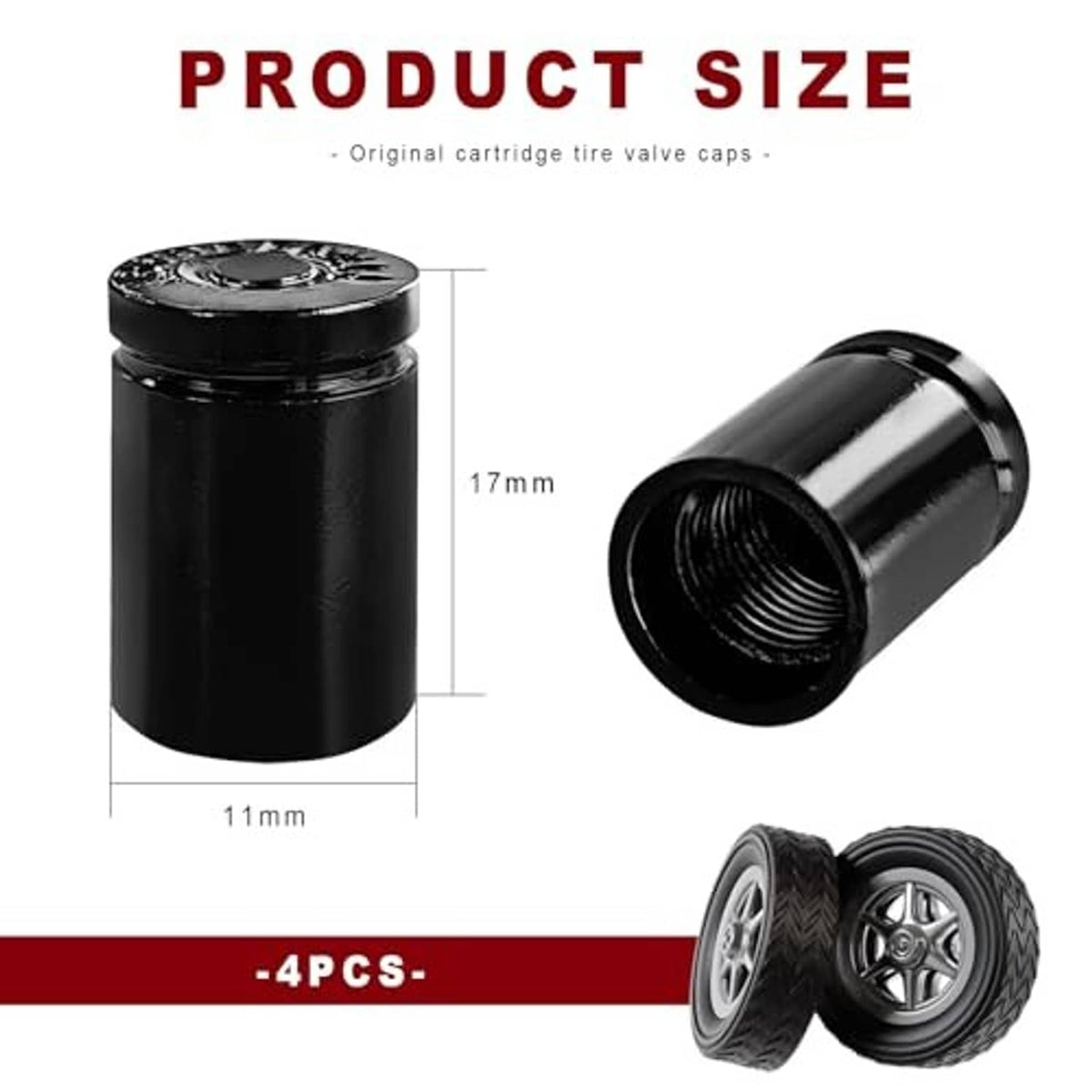 4-pack black bullet tire valve stem caps with threaded insert and top air-valve opening.