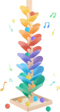 Wooden marble run music tree toy with rainbow leaf ramps and colorful balls on base