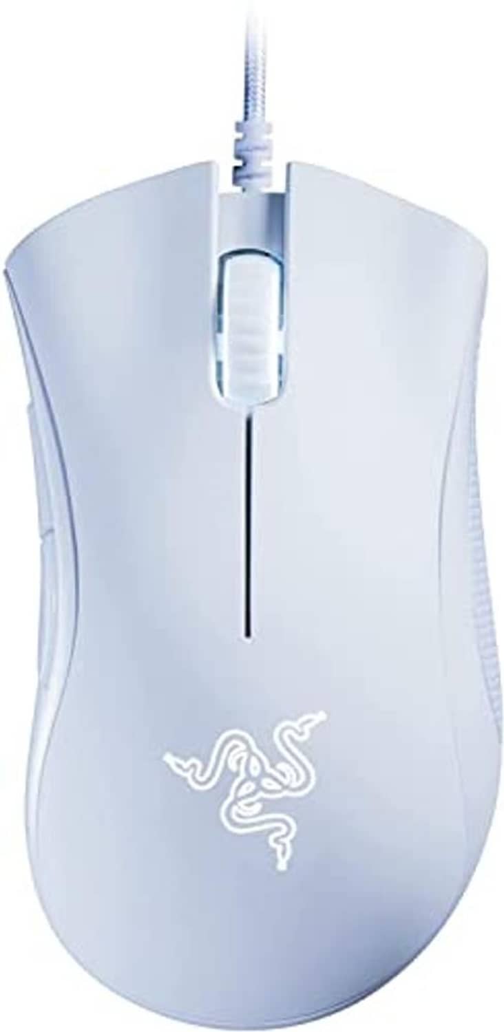 White wired gaming mouse with central scroll wheel and side grips, front view.
