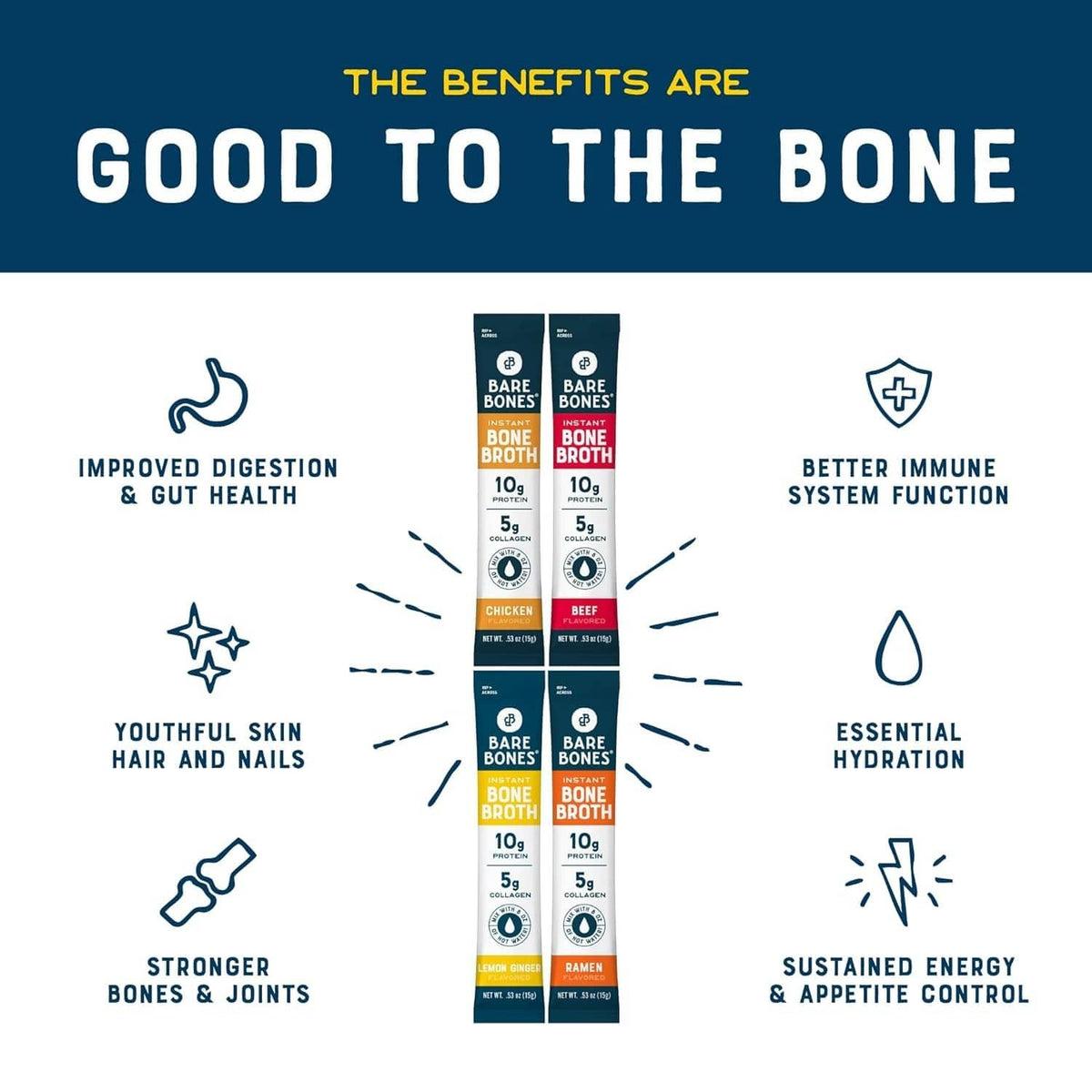 Assorted instant bone broth powder packets displayed with benefit icons
