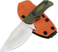Fixed blade knife with orange Kydex sheath, green textured handle, black screws