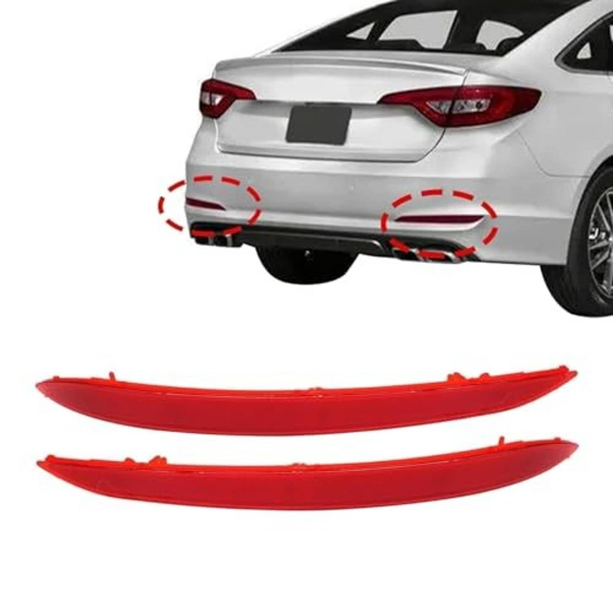 Rear bumper reflector pair with dashed fitment markers on sedan