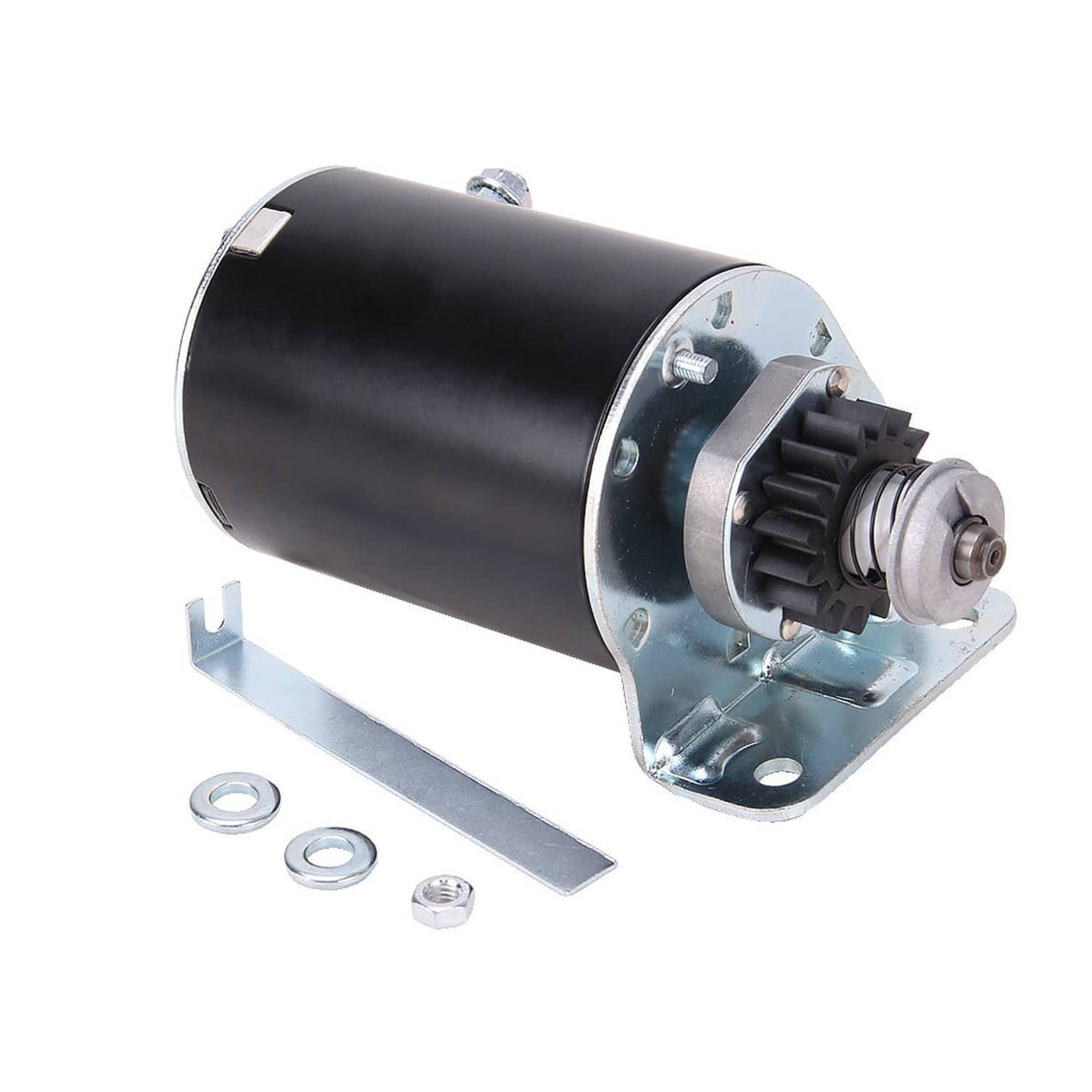 Small engine starter motor with black cylinder housing and silver mounting bracket