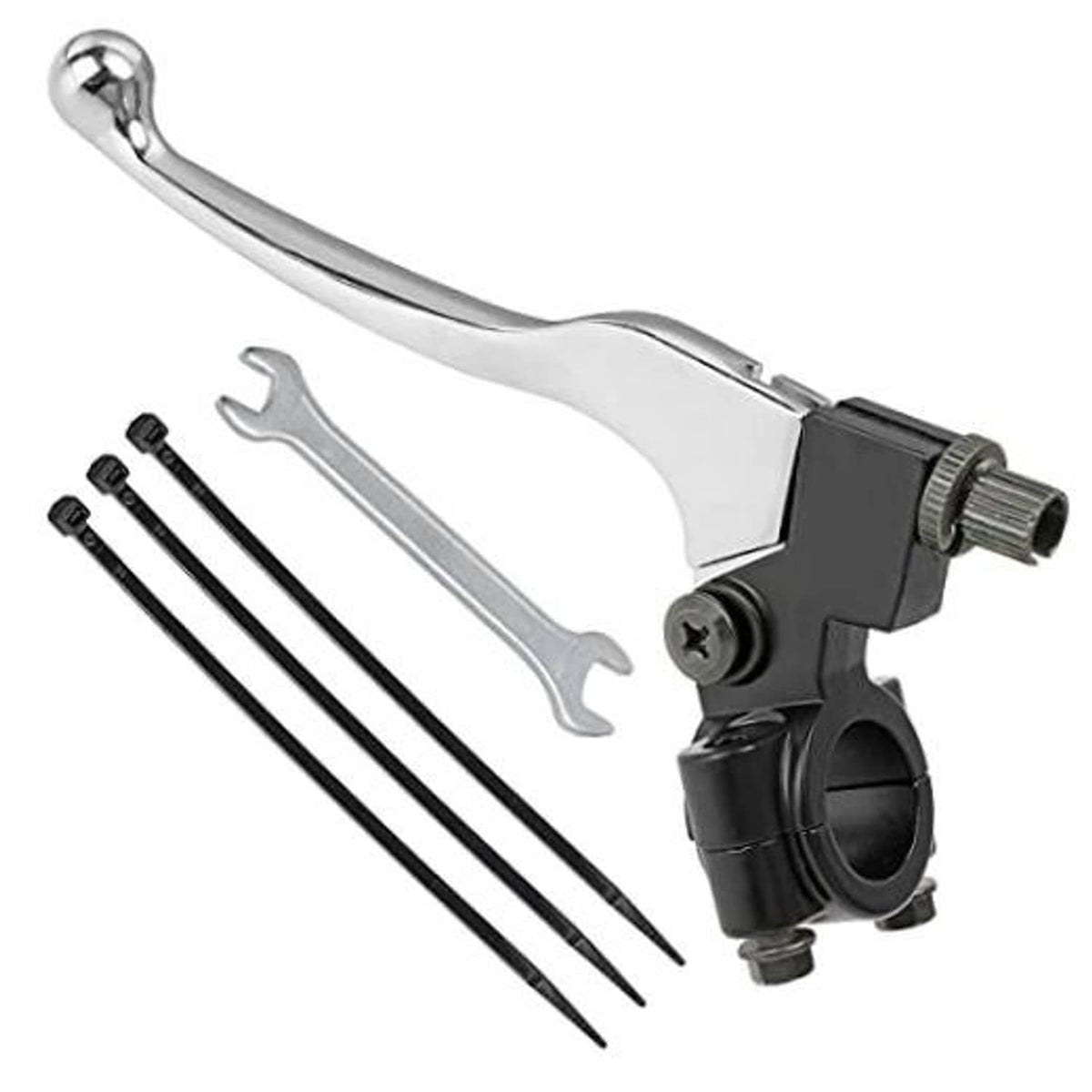 Left brake and clutch lever perch kit with chrome lever, black housing, and cotter pins