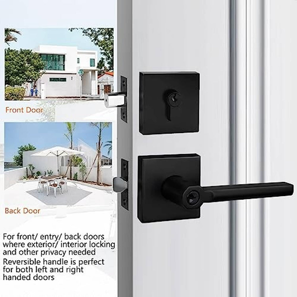 Matte black keyed entry deadbolt with lever handle mounted on door