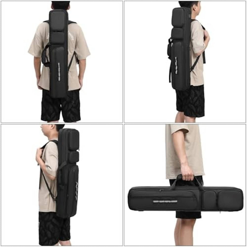 Black pool cue case worn as a backpack with padded back panel and straps