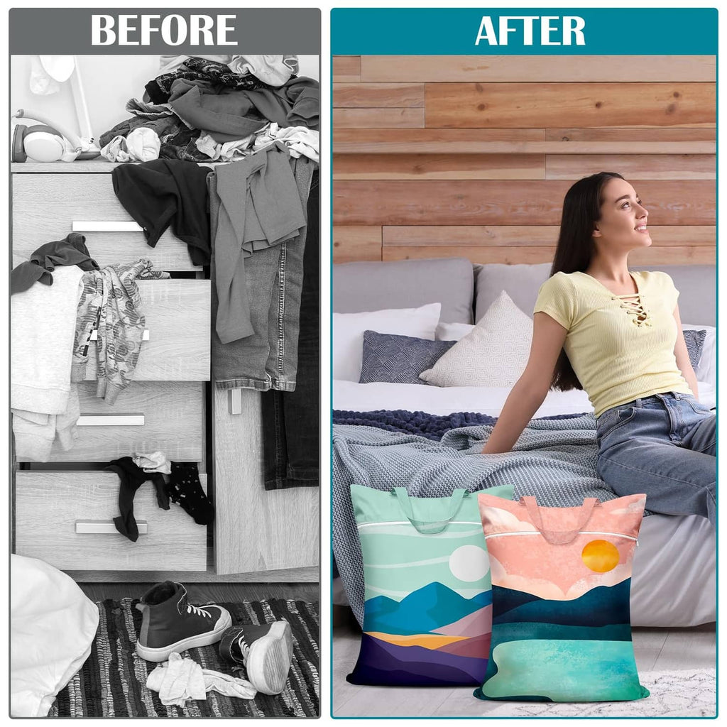 Landscape print laundry bags on a bed for organizing dirty clothes