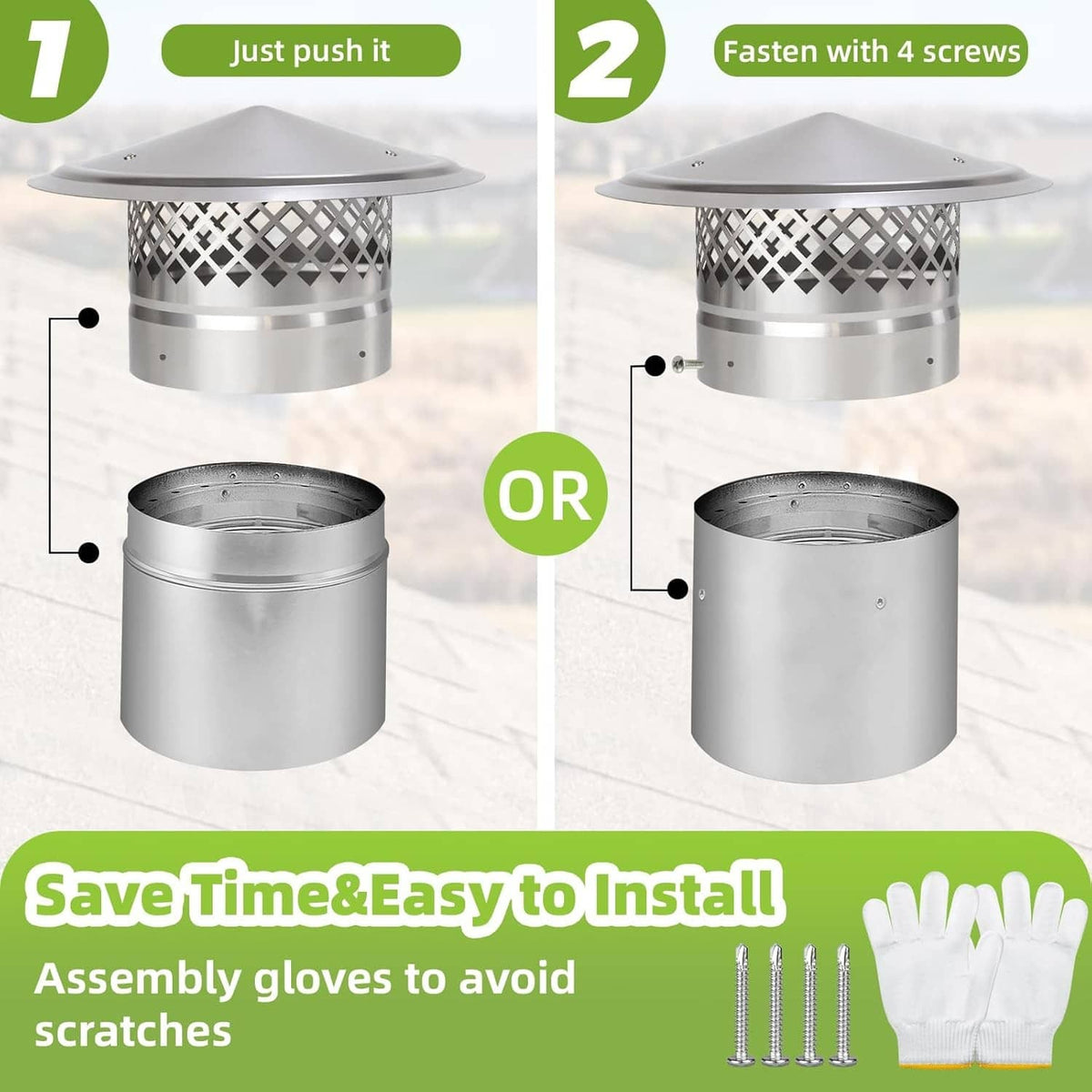 Chimney cap kit with cone top, mesh screen, screws, and protective gloves