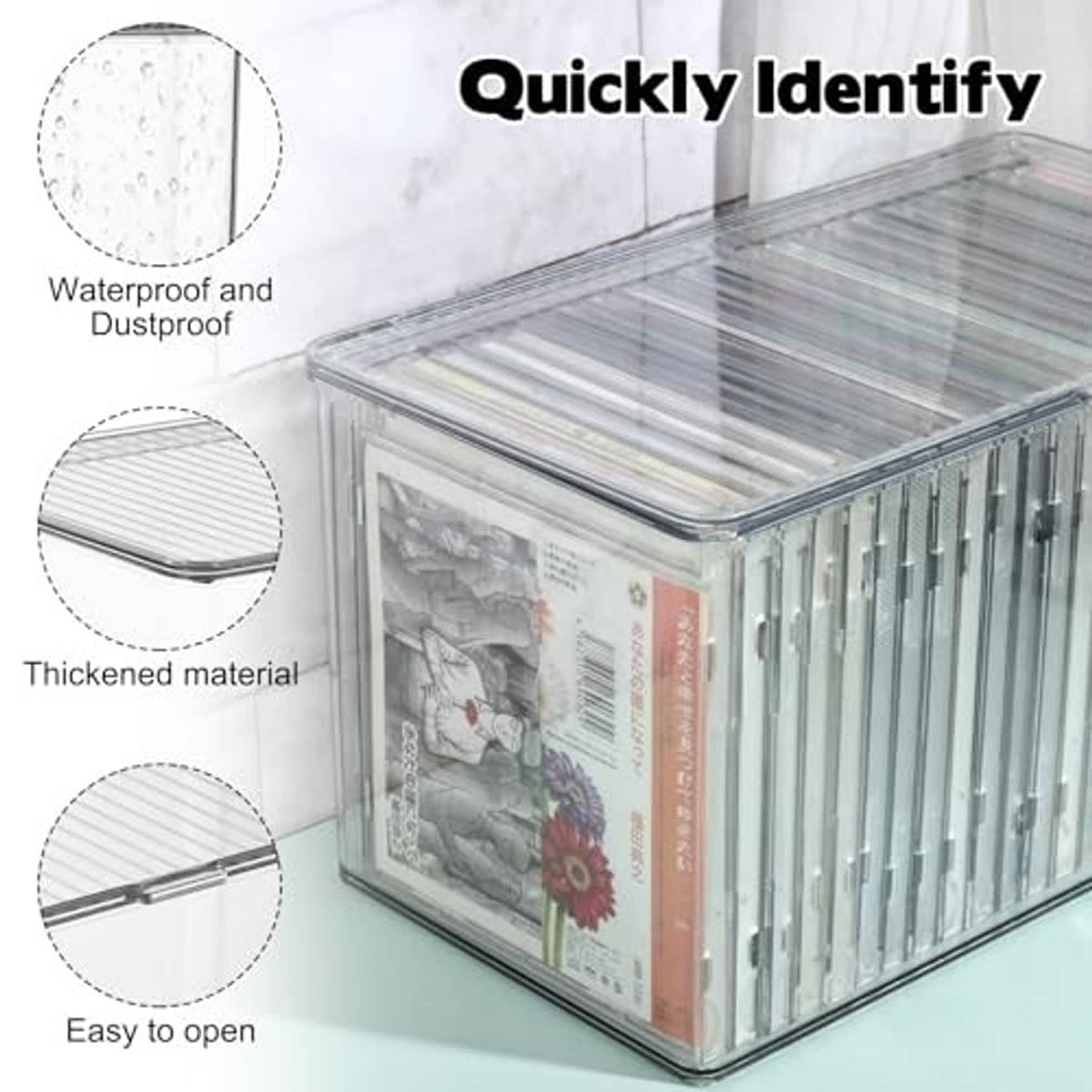 Clear plastic CD storage box with hinged lid, rows of CDs visible through cover