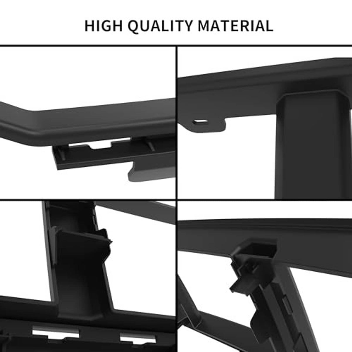Black front lower center bumper grille insert with mounting clip detail