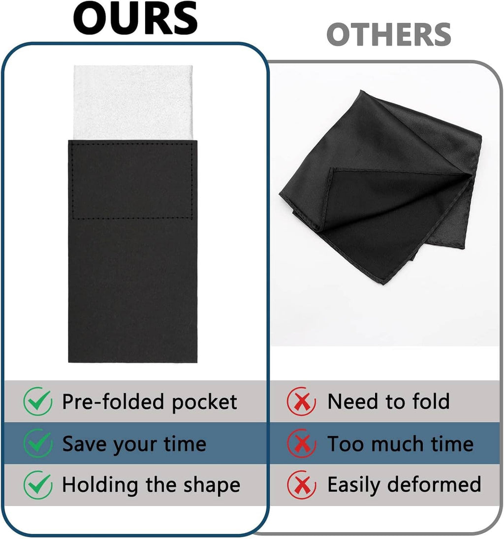 Pre-folded white pocket square in black sleeve, shown beside loose folded square