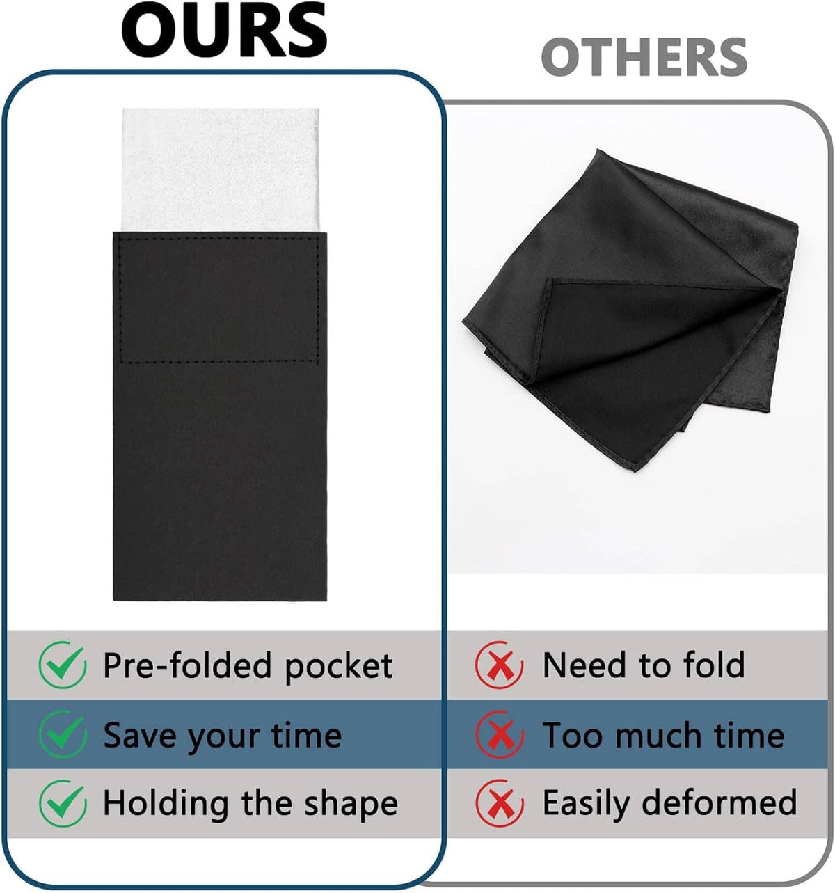 Pre-folded white pocket square in black sleeve, shown beside loose folded square