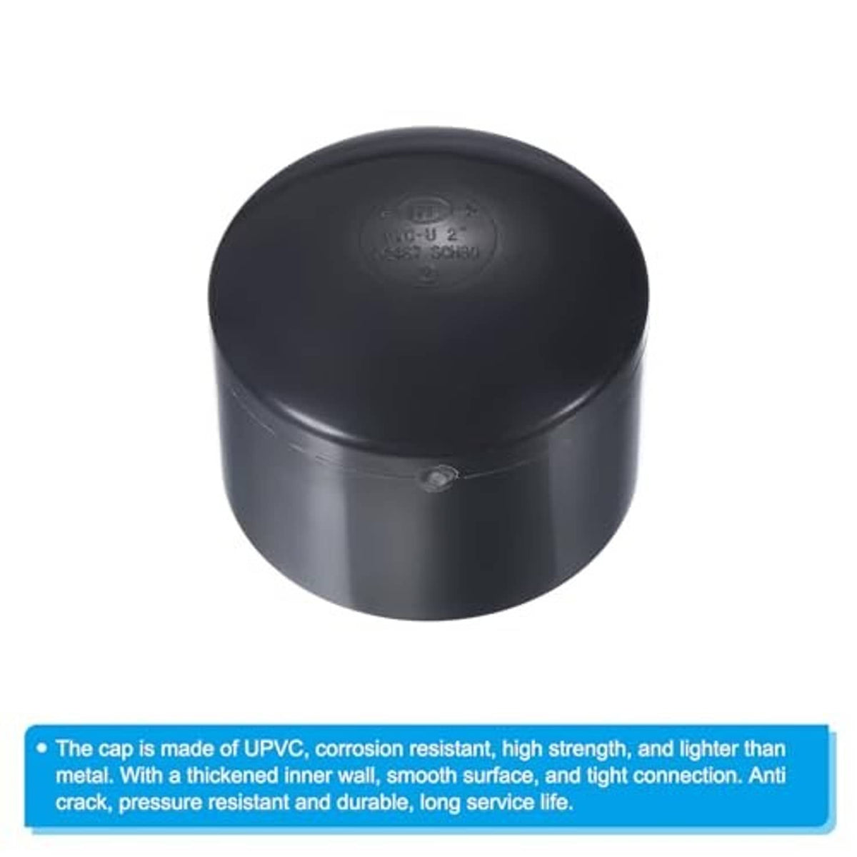 Black round UPVC pipe end cap plug fitting with embossed text on top and center nub