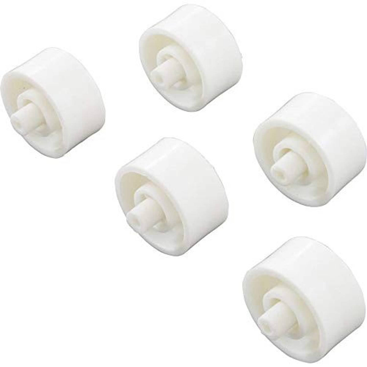 White pool cleaner wheel rollers, 5-pack, with axle hub detail