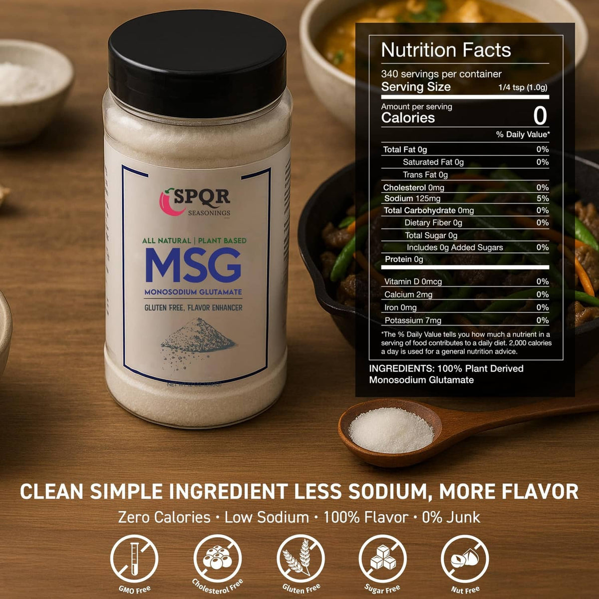 Plant-based MSG seasoning jar with nutrition facts panel and measuring spoon.