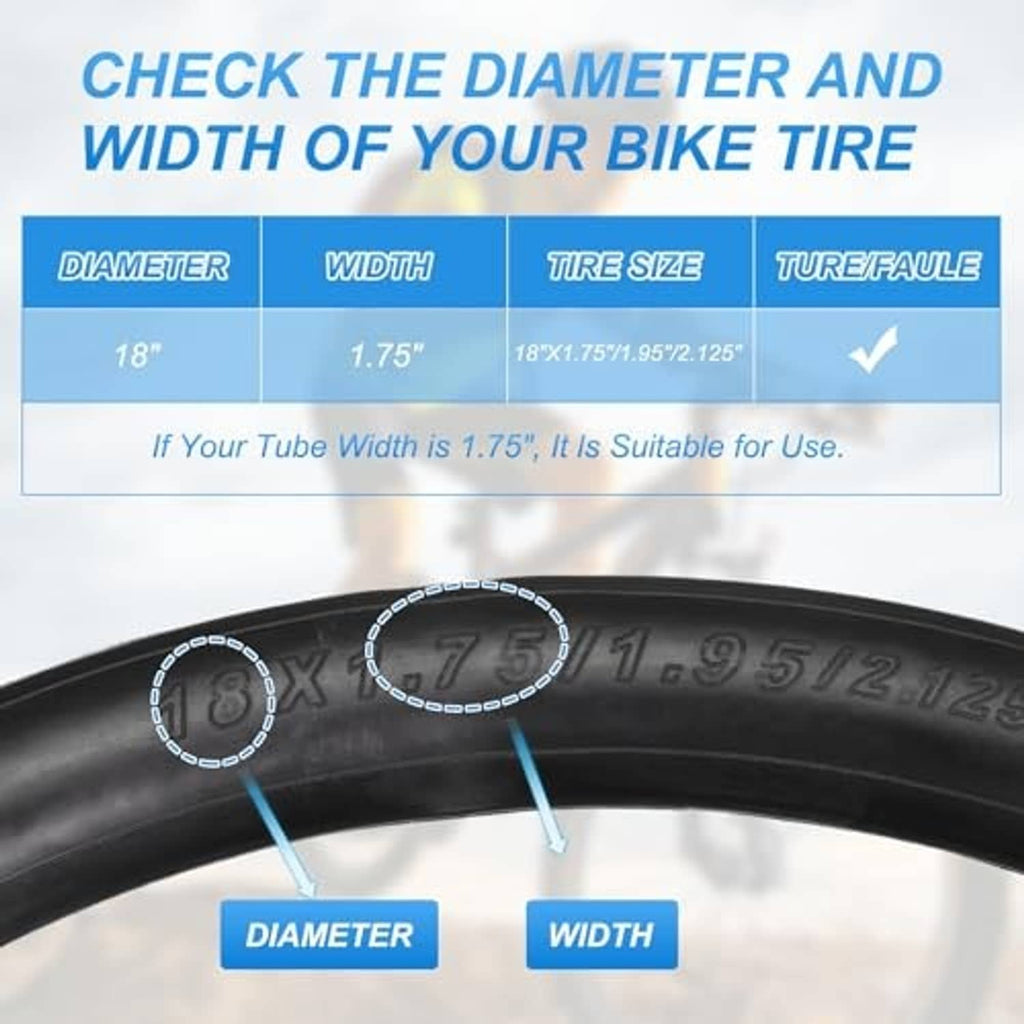 Black rubber bicycle inner tube with standard valve and printed tire size guide