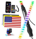 RGB LED whip light with spring base, glowing multicolor tube and control accessories