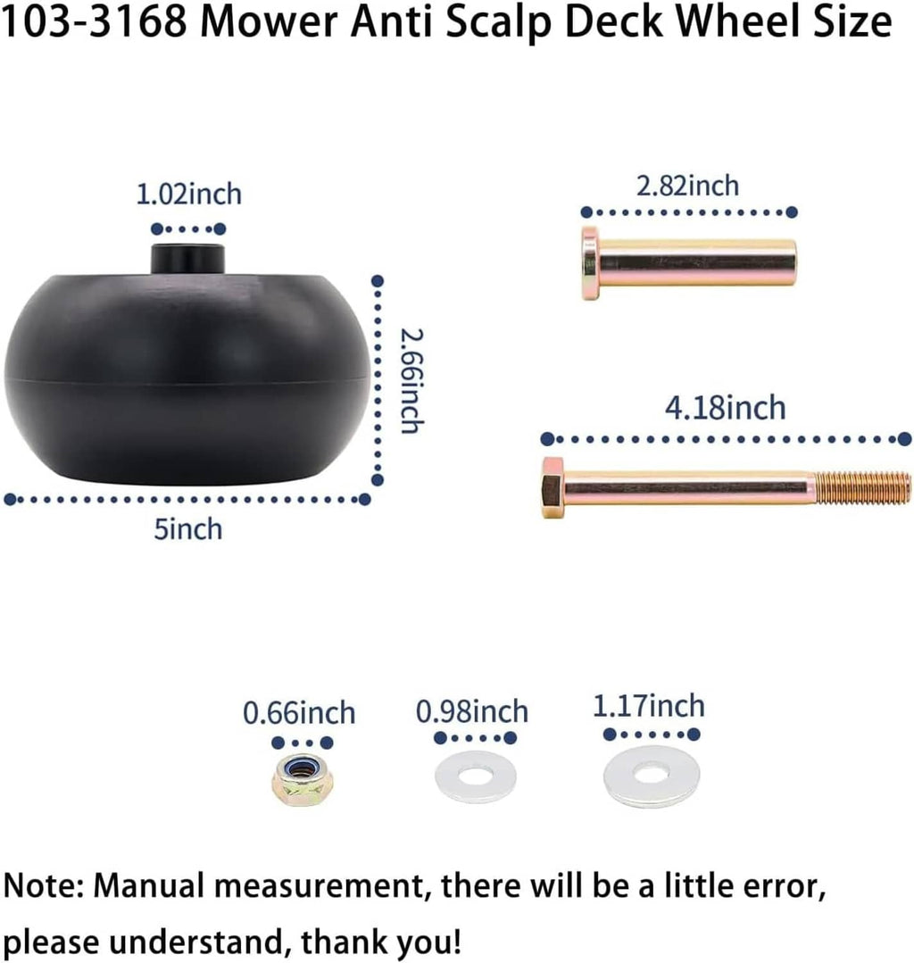 Mower deck wheel kit with black wheel and threaded axle bolts for mounting