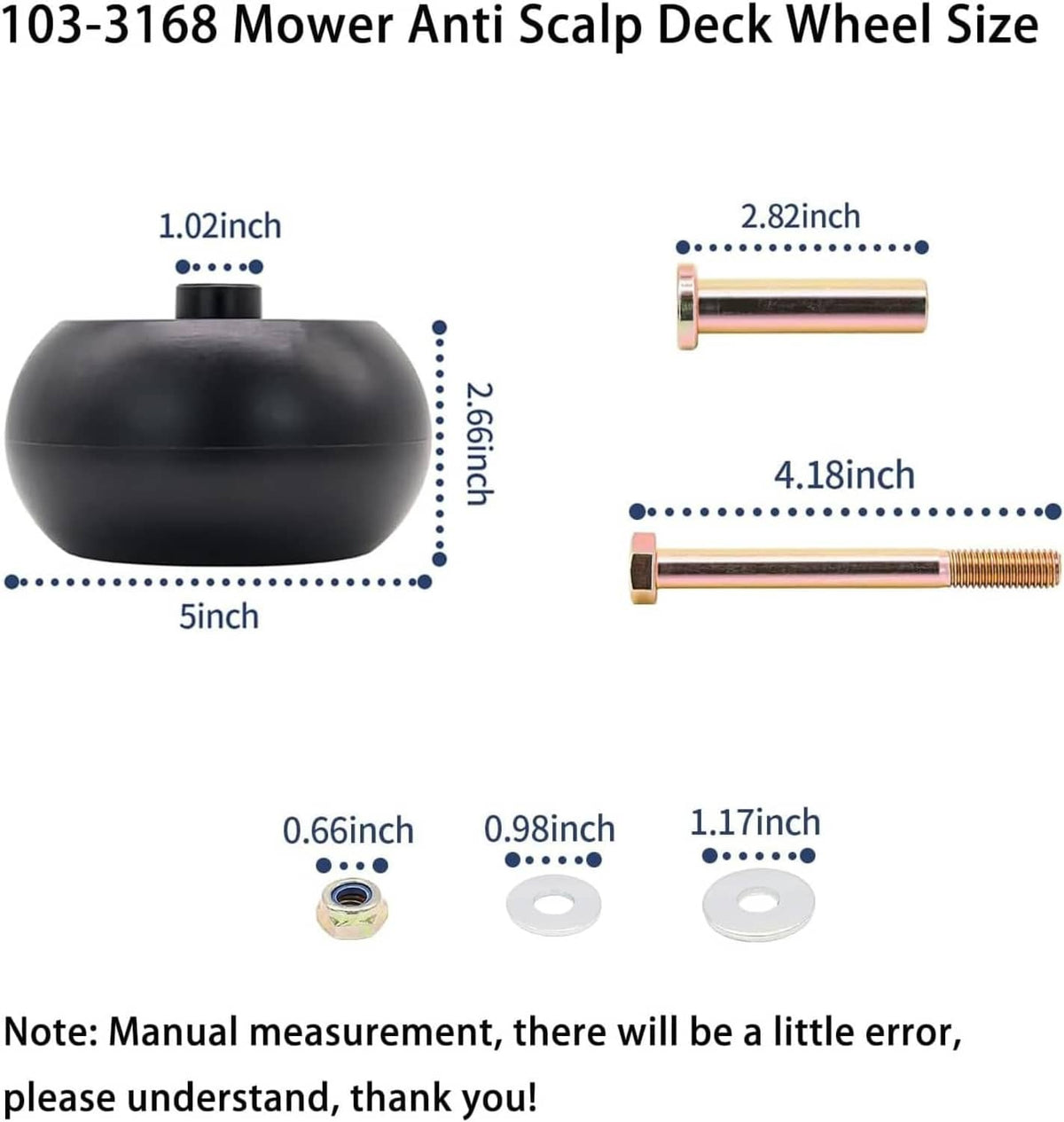 Mower deck wheel kit with black wheel and threaded axle bolts for mounting