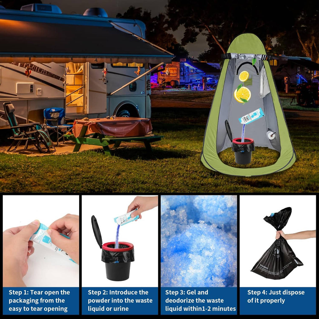Portable toilet waste tent setup with black bag and red-rim bucket plus step panels