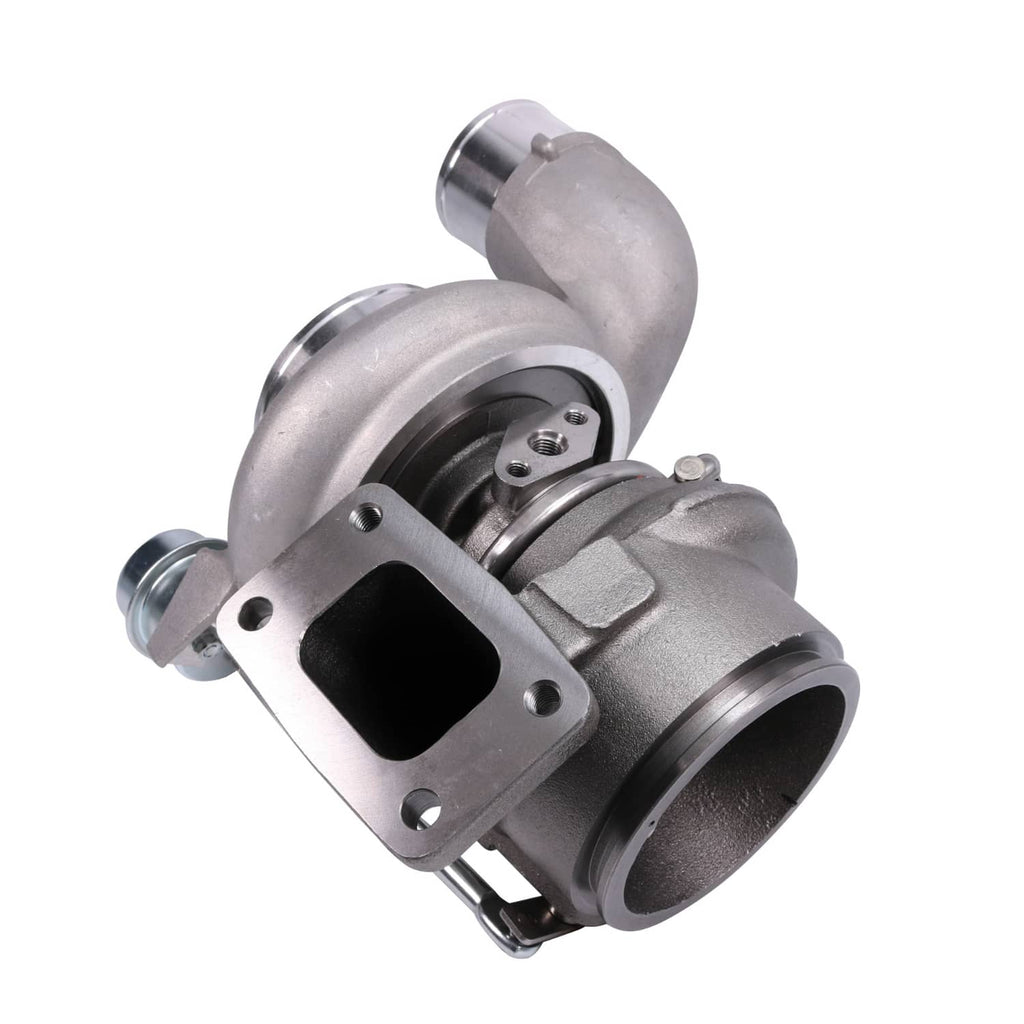Turbocharger with mounting flange and compressor outlet, silver-gray metal housing