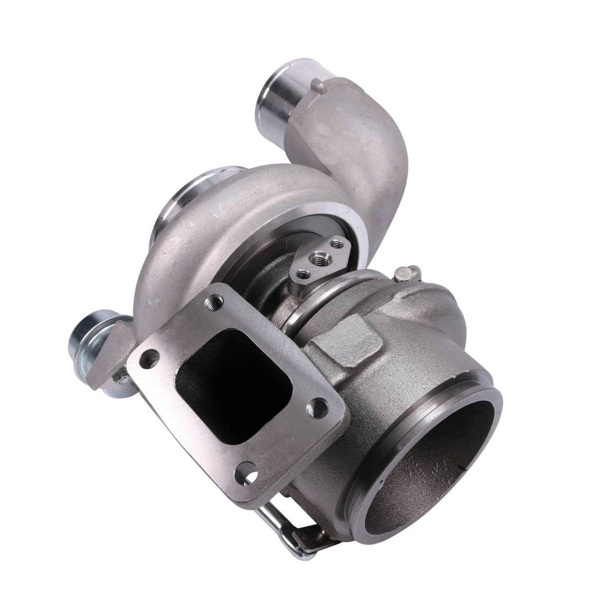 Turbocharger with mounting flange and compressor outlet, silver-gray metal housing