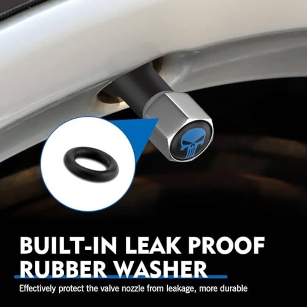 Installed silver tire valve cap with blue skull emblem plus rubber washer