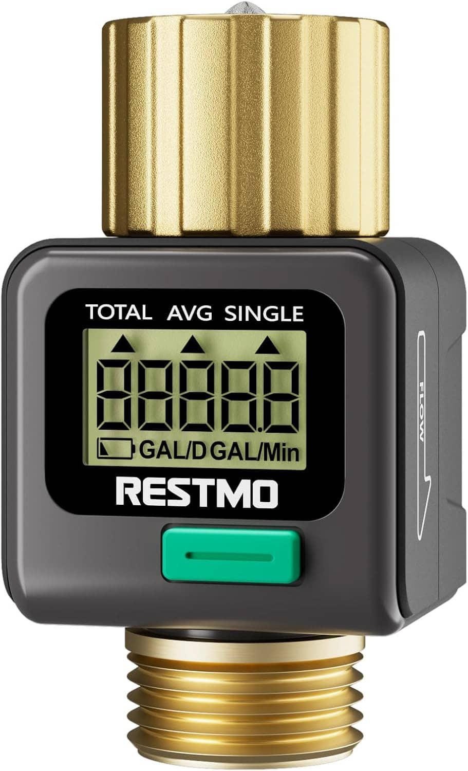 Water flow meter with brass inlet, black LCD display and green control button