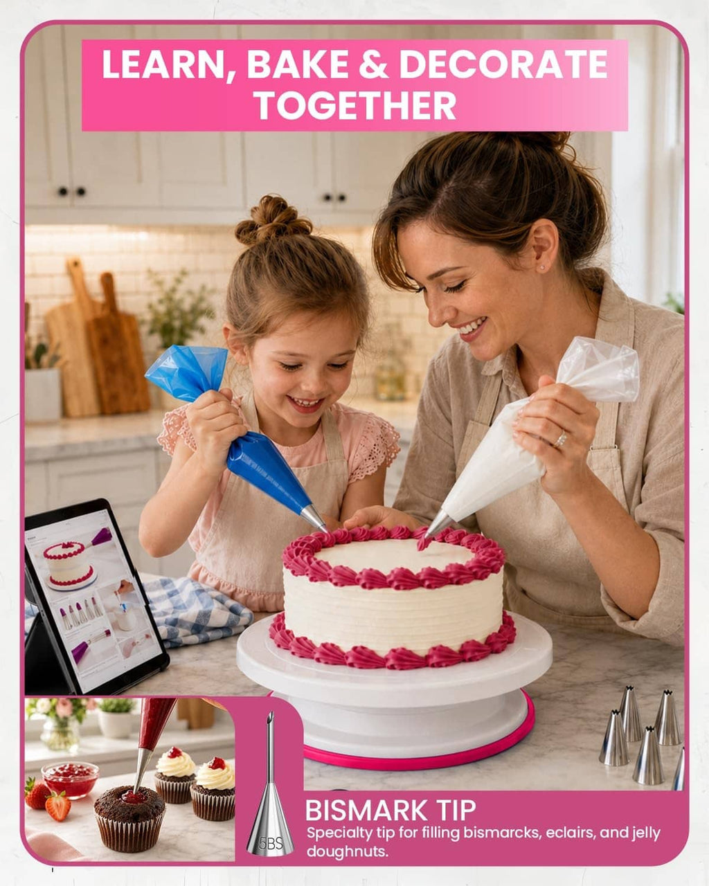 Person decorating a cake using a pink piping bag over a white rotating turntable