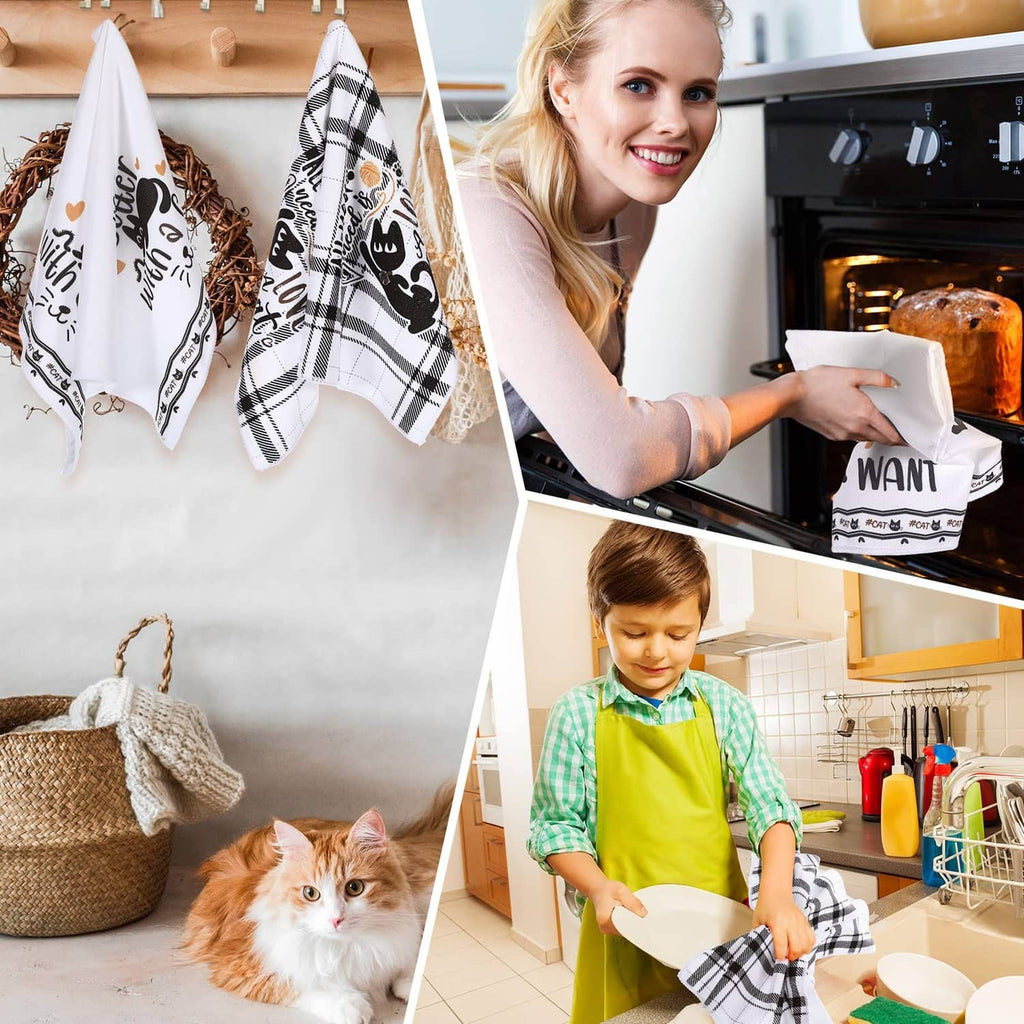 Set of 6 cat-themed kitchen towels, folded black-and-white plaid with hanging loops