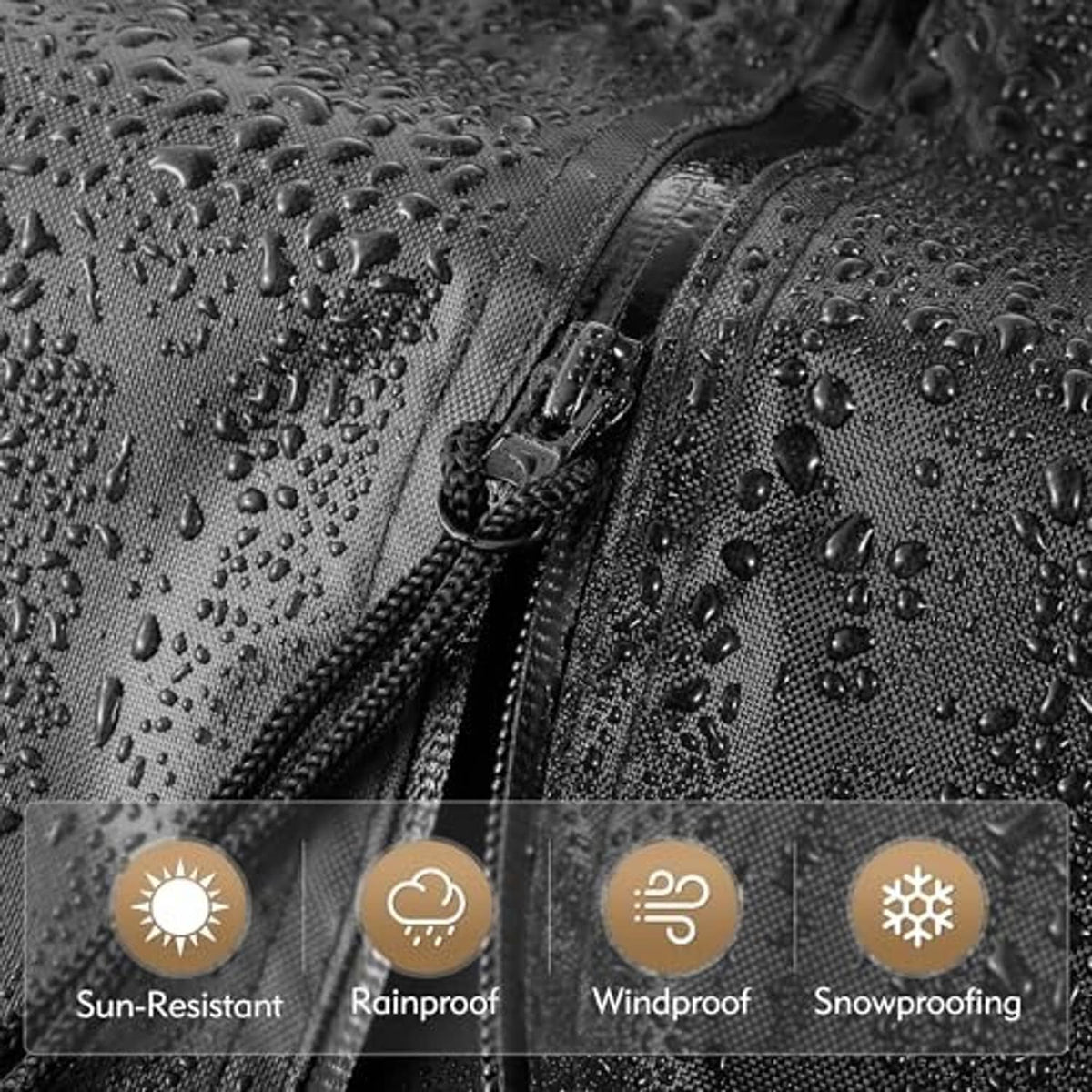 Black waterproof umbrella cover fabric with zipper close-up and water droplets