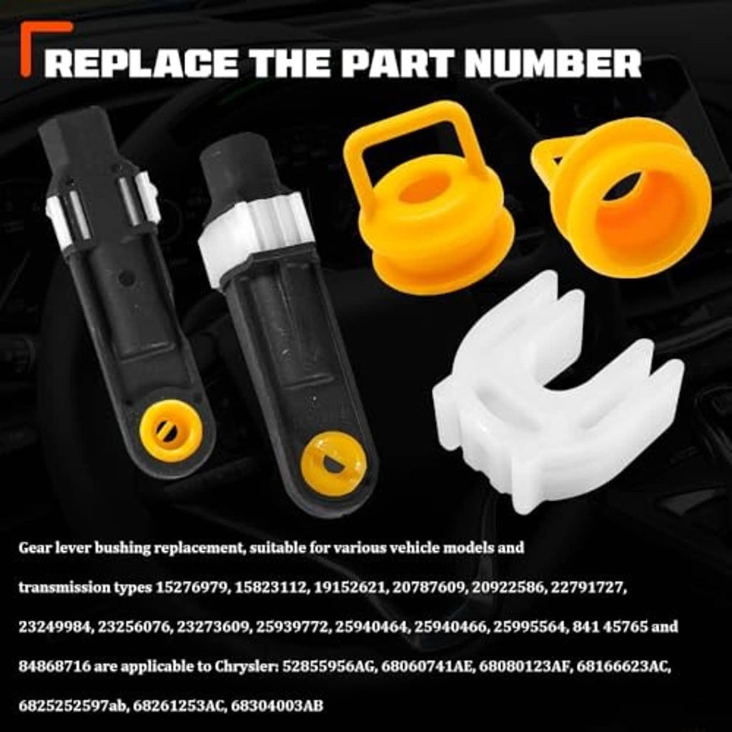 Transmission shifter cable bushing kit with yellow bushings, white clips, and bracket pieces