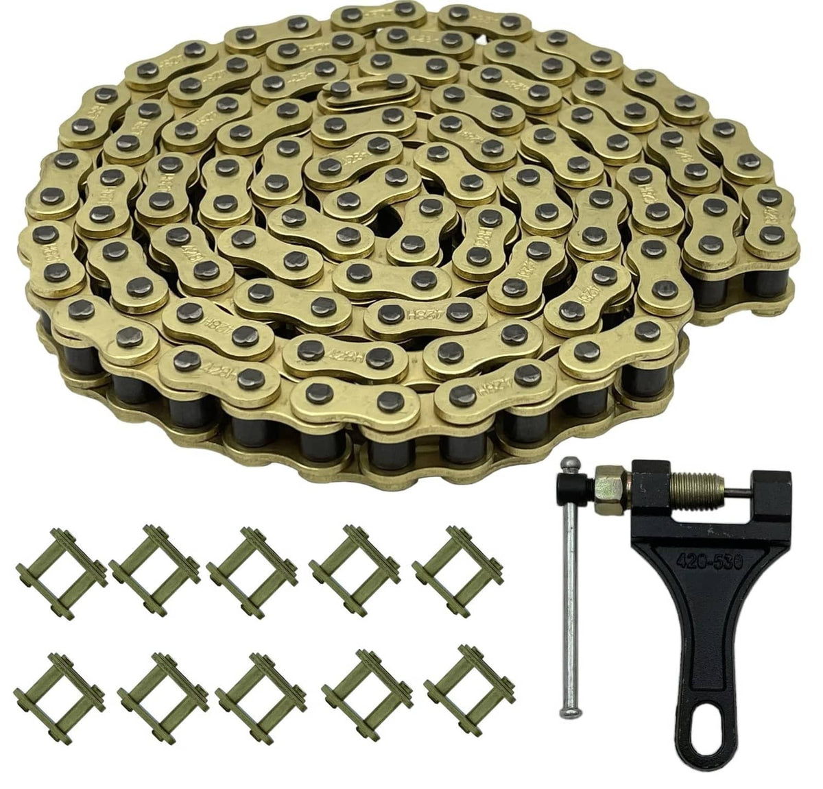 Gold motorcycle roller drive chain (130 links) with chain breaker tool
