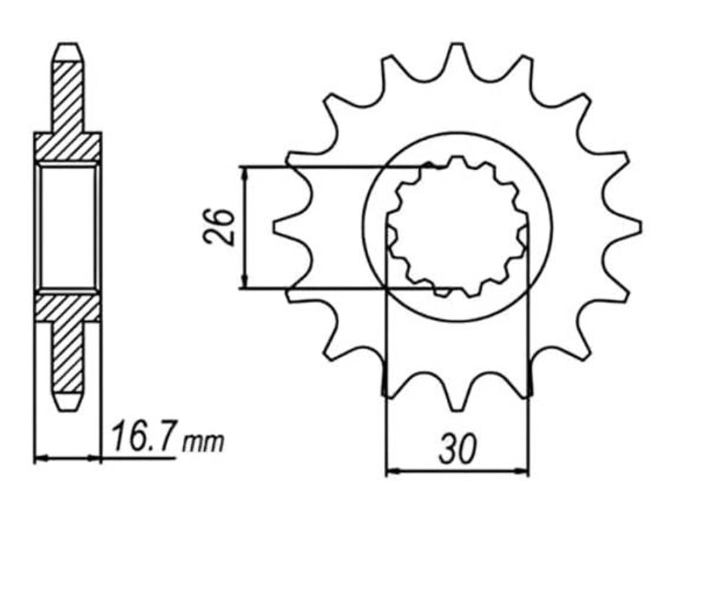 Rear sprocket dimension diagram with 26 mm and 16.7 mm measurements