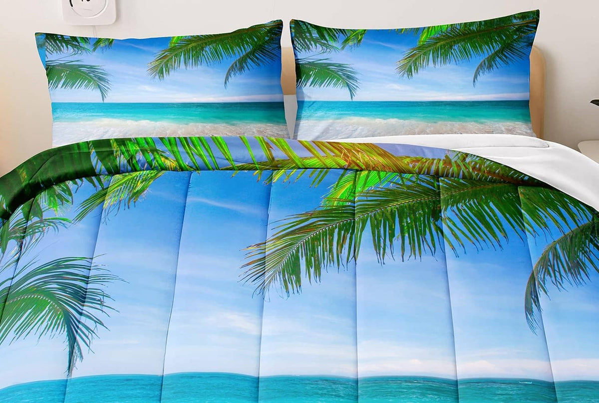 Tropical ocean comforter set with palm leaf print and two pillow shams