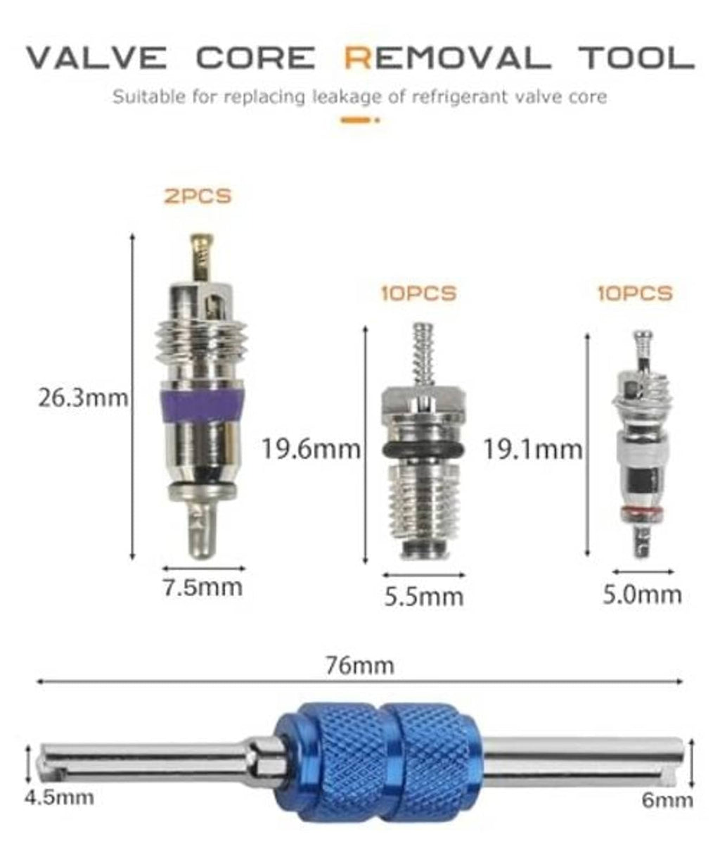 Valve core removal tool with blue grip and multiple Schrader core types shown