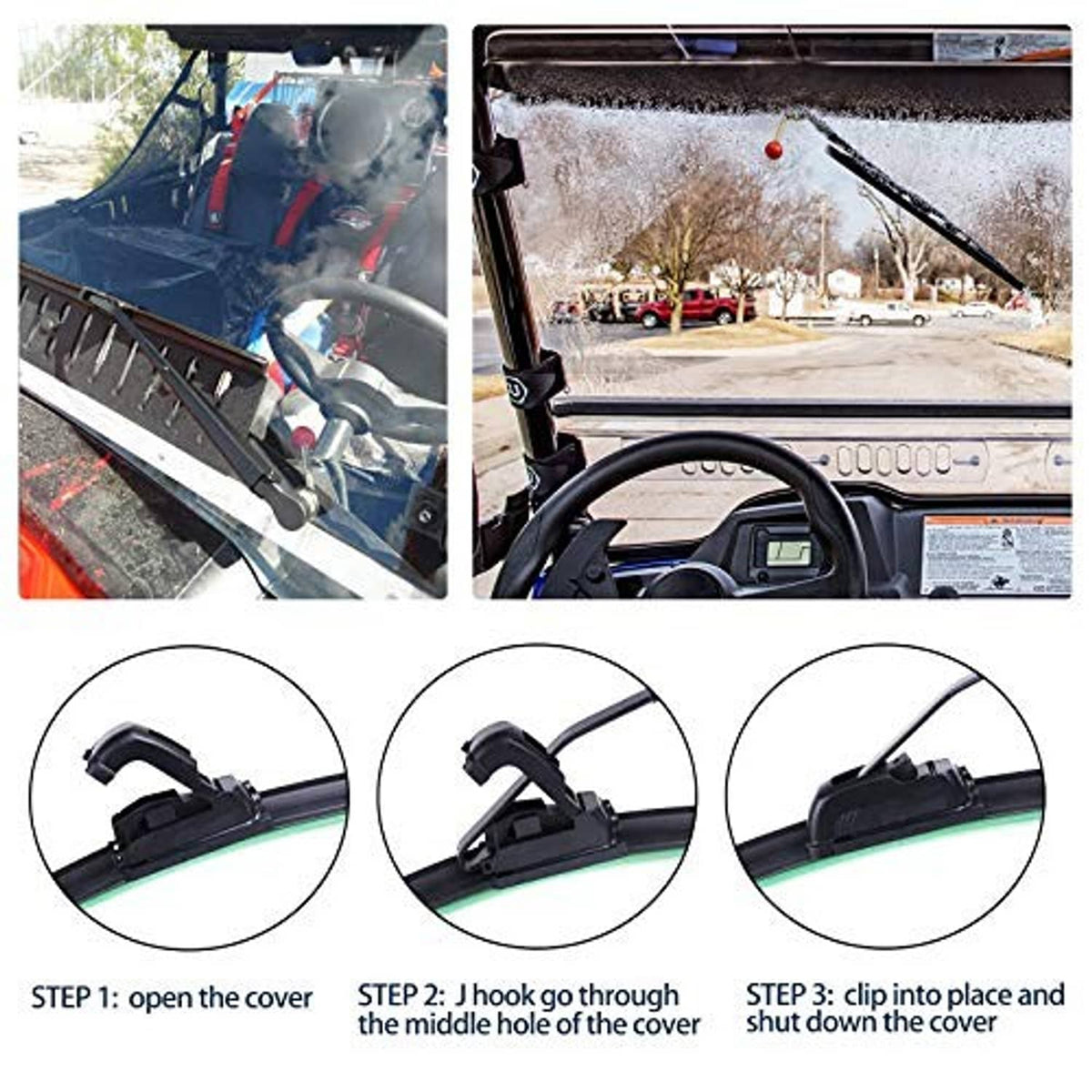 UTV windshield wiper blade with mounting cover clips and close-up installation view