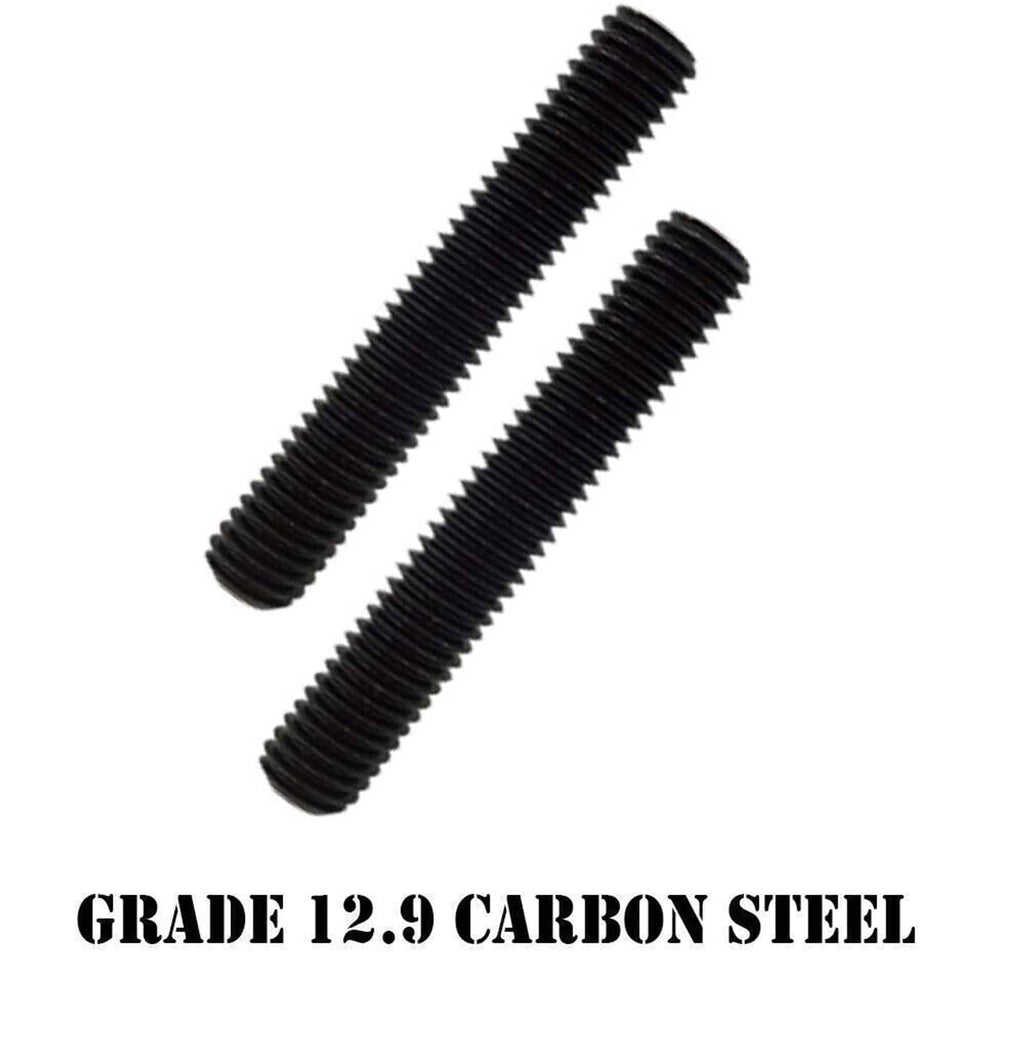 Two black threaded hex socket-head cap screws with tapered tip ends.