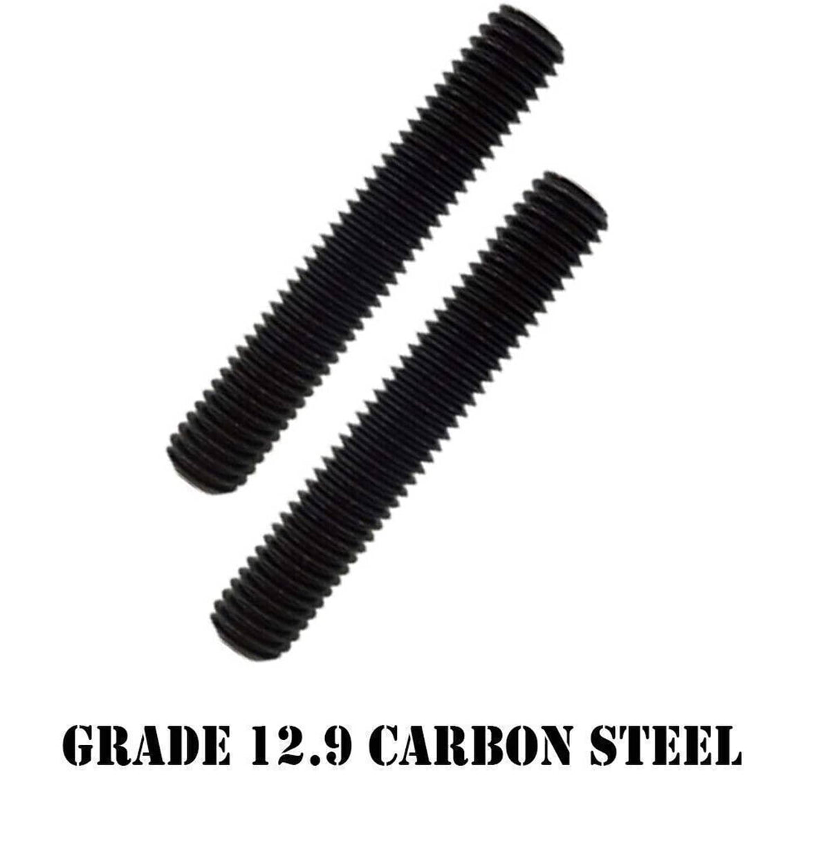 Two black threaded hex socket-head cap screws with tapered tip ends.