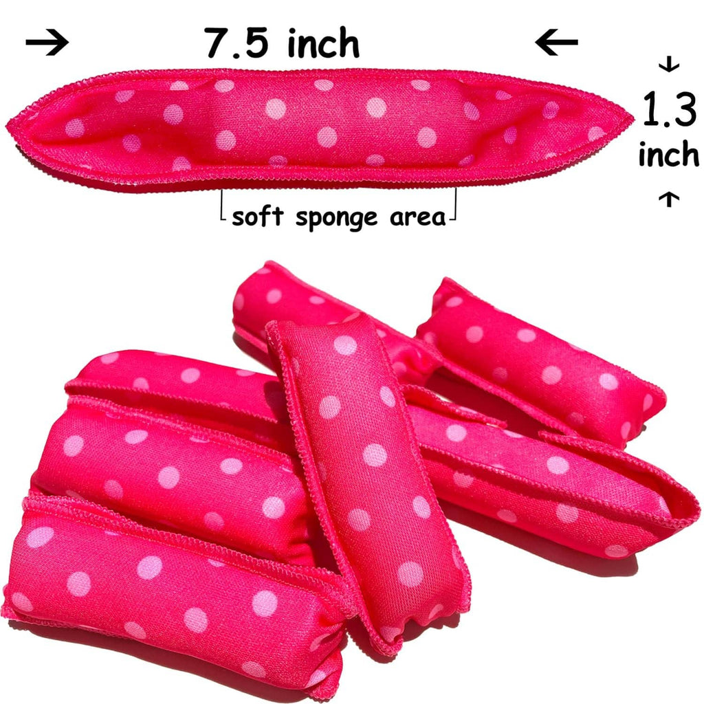 Pink polka-dot soft sponge curlers, showing roller pieces and approximate size
