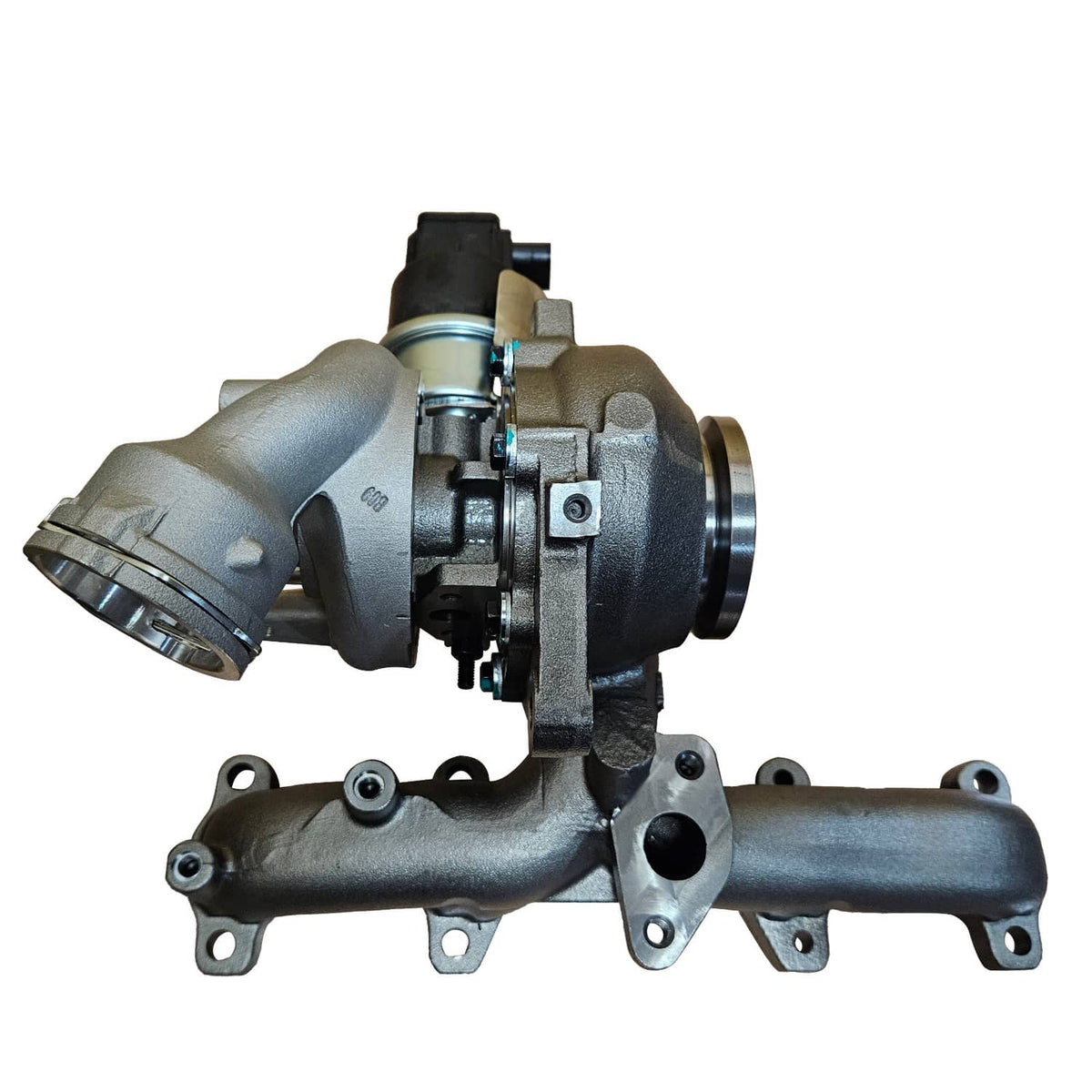 Turbocharger with black electrical connector and outlet flange, front three-quarter view
