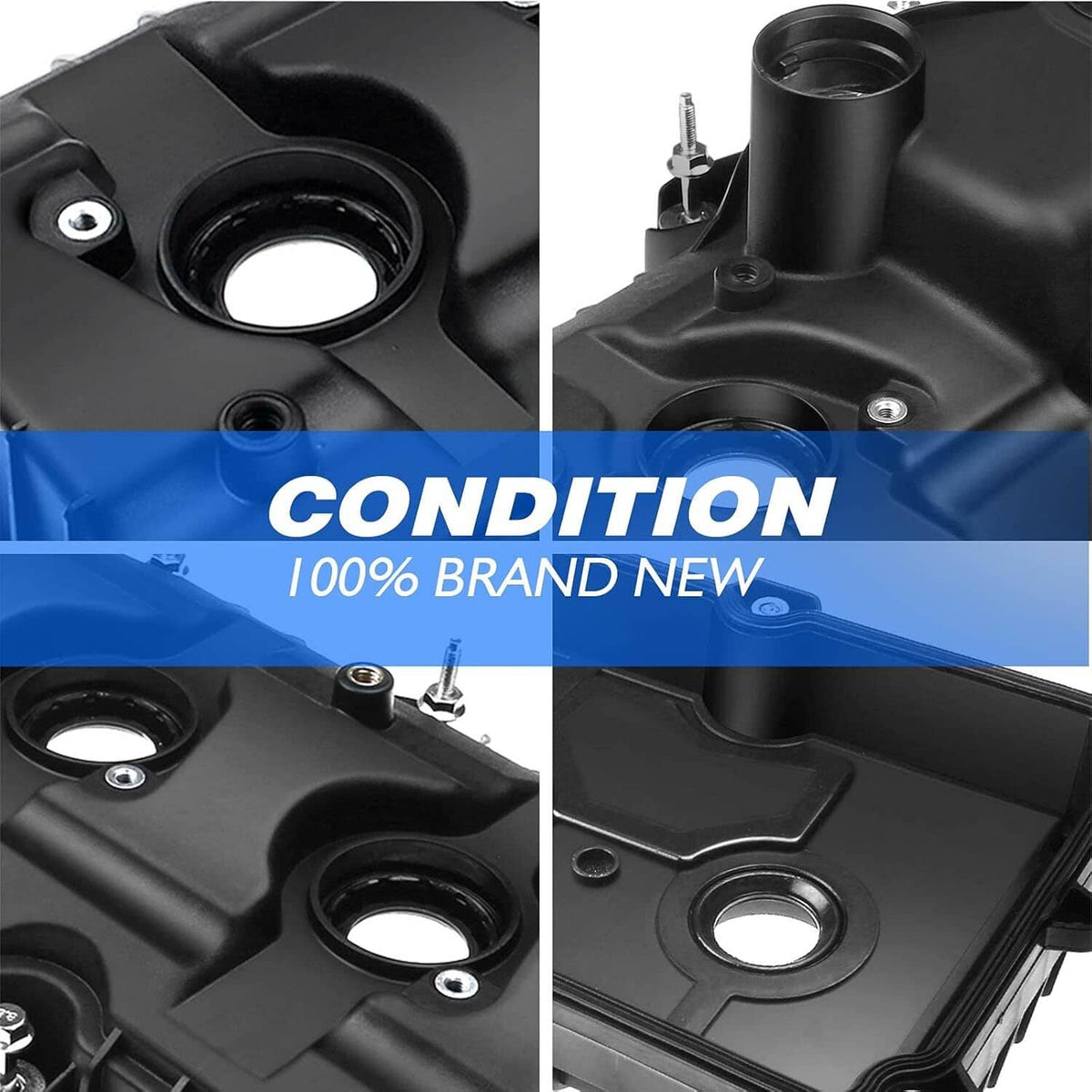 Close-up of black valve cover with round opening and gasket sealing area