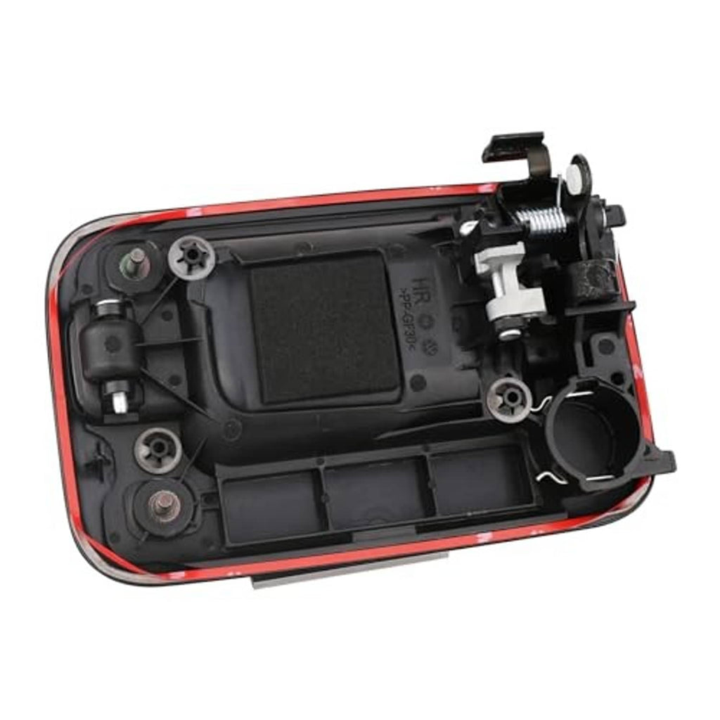 Outside door handle assembly with internal components and black housing, red trim edge