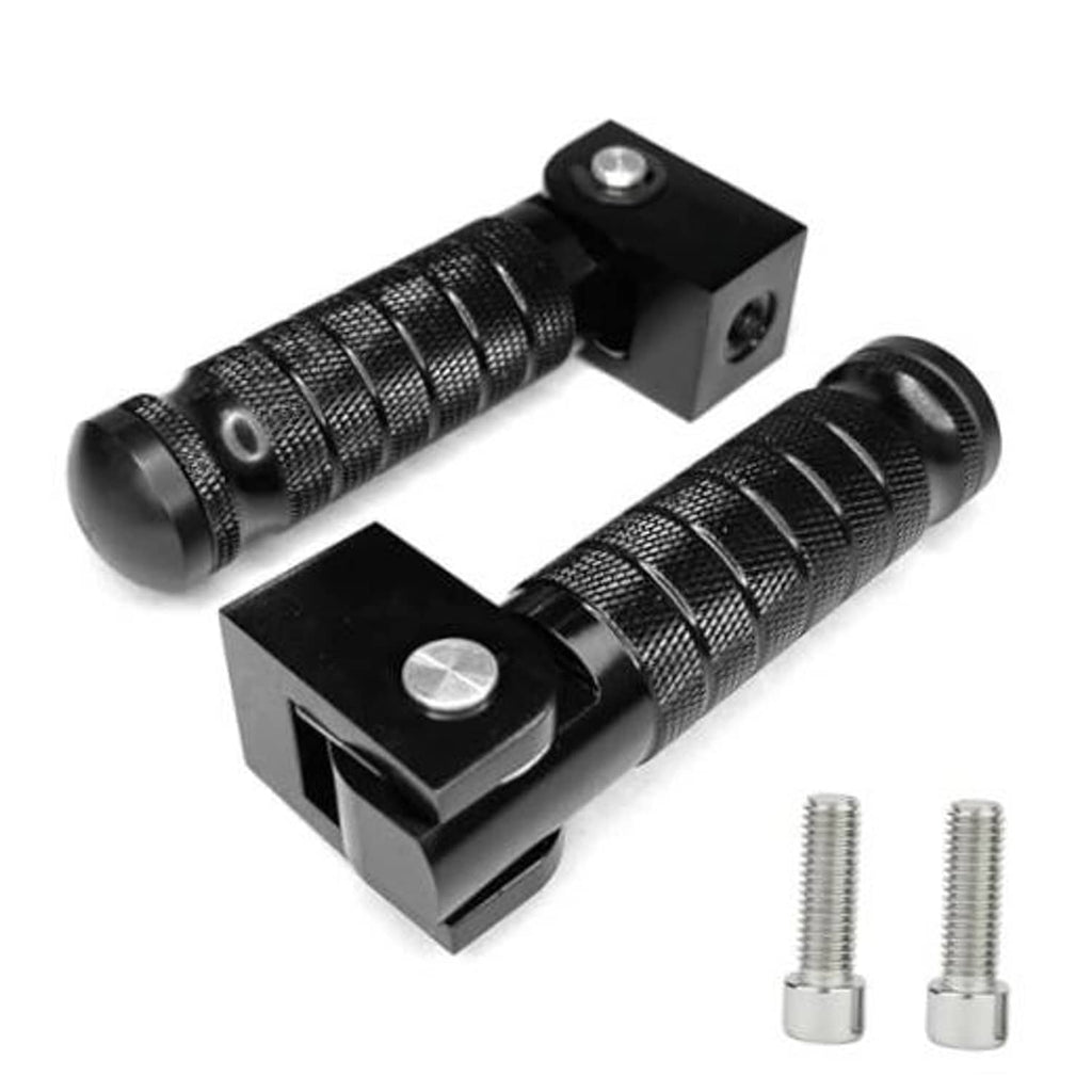 Black foot peg pair with textured grip sleeves, square clamp brackets, and bolts