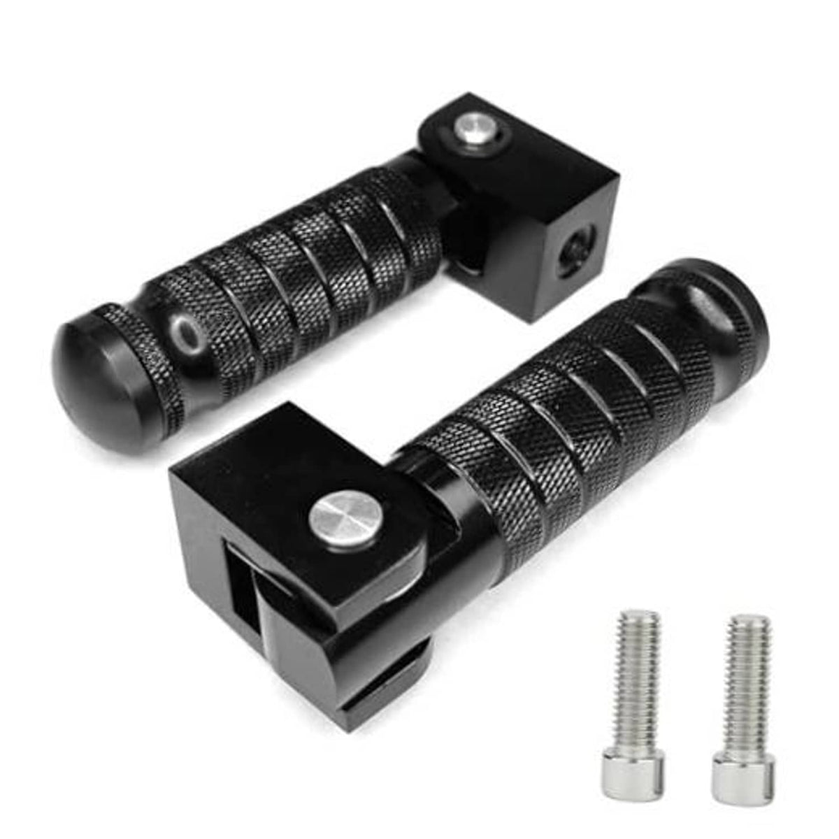 Black foot peg pair with textured grip sleeves, square clamp brackets, and bolts